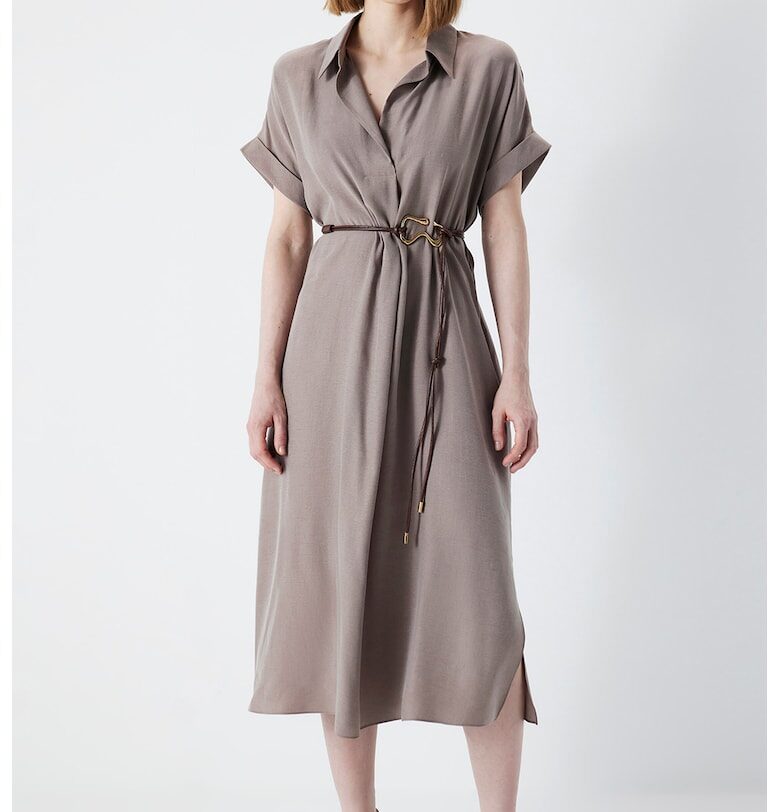 Разкроена рокля с каишка - Сиво-кафяв Ipekyol