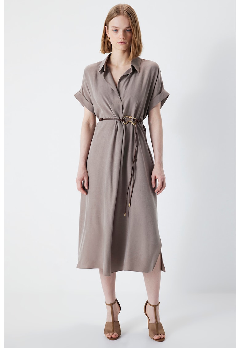 Разкроена рокля с каишка - Сиво-кафяв Ipekyol