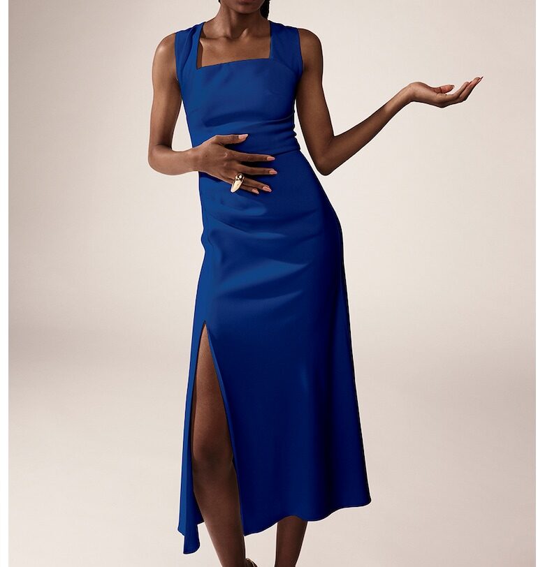 Разкроена рокля с квадратно деколте - Кралско Синьо Alina Cernatescu