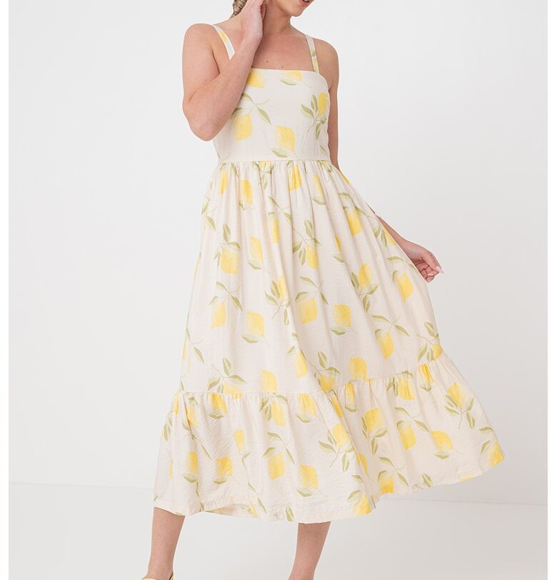 Разкроена рокля с квадратно деколте - Светло жълто/Светло бежово Only