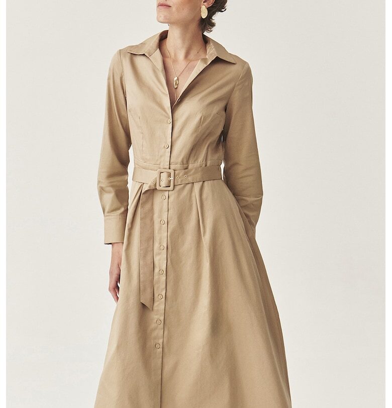 Разкроена рокля с колан - Светлокафяв Tatuum