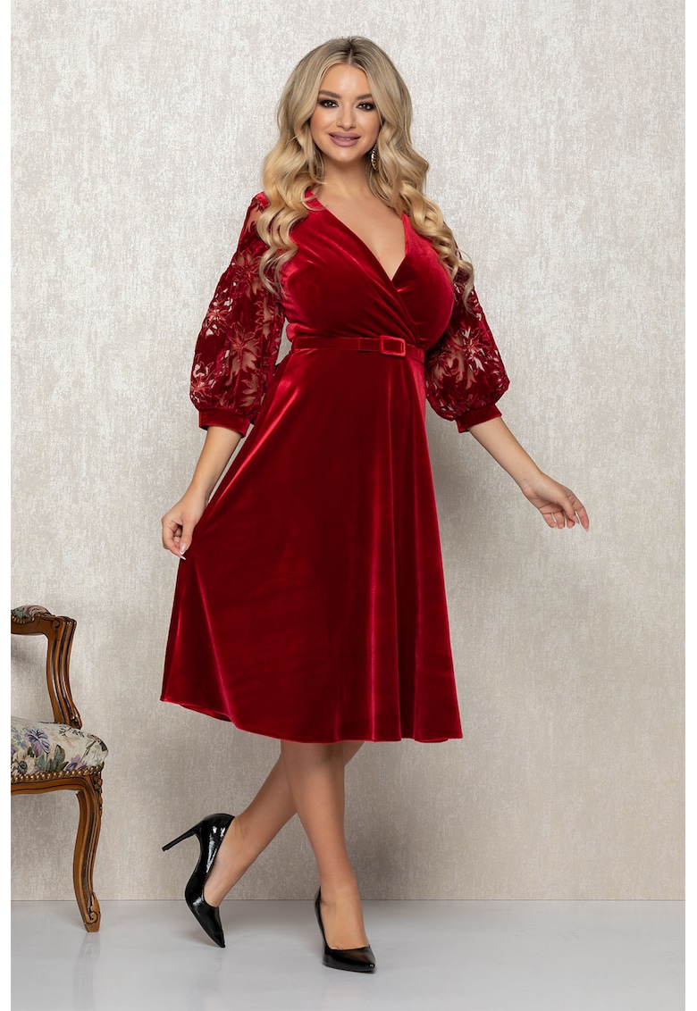 Разкроена рокля с колан - Тъмночервен BAROCCA