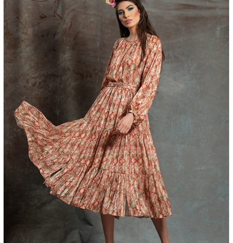 Разкроена рокля с коприна с овално деколте - Кафяв MIAU by Clara Rotescu