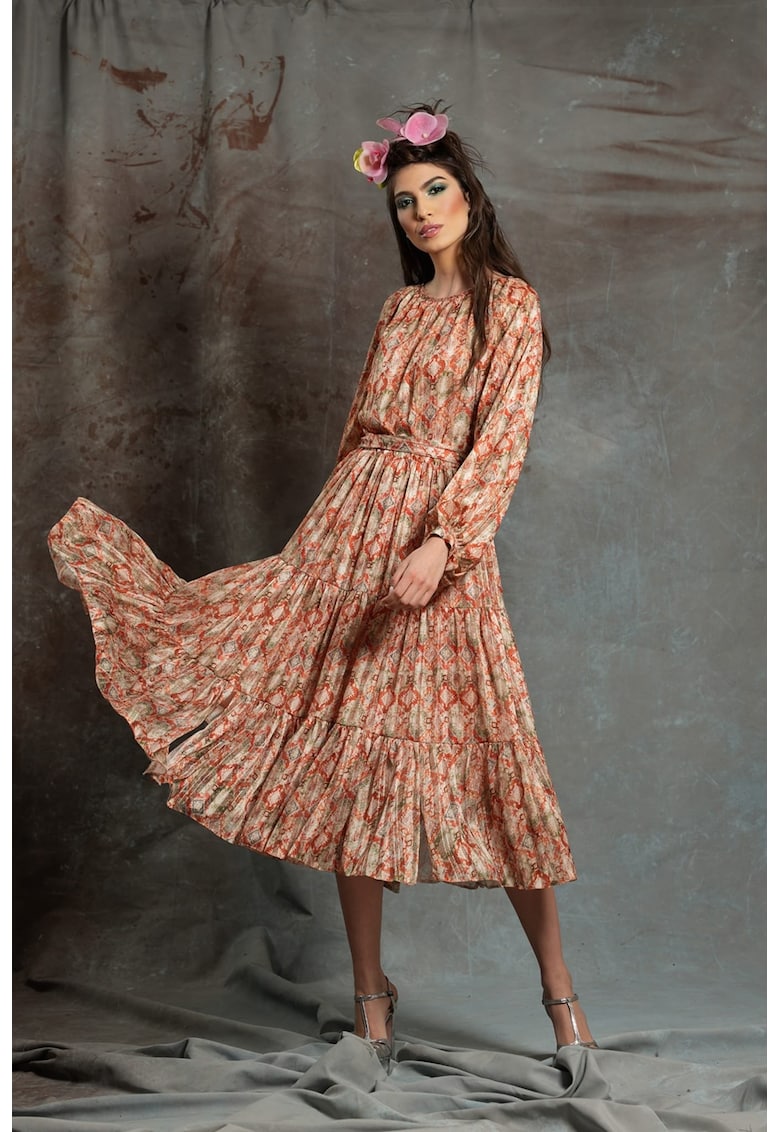 Разкроена рокля с коприна с овално деколте - Кафяв MIAU by Clara Rotescu