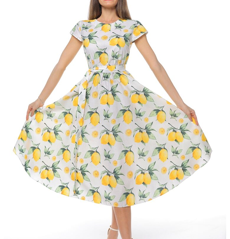 Разкроена рокля с къси ръкави - Бял/Зелен/Жълт CAMISSI