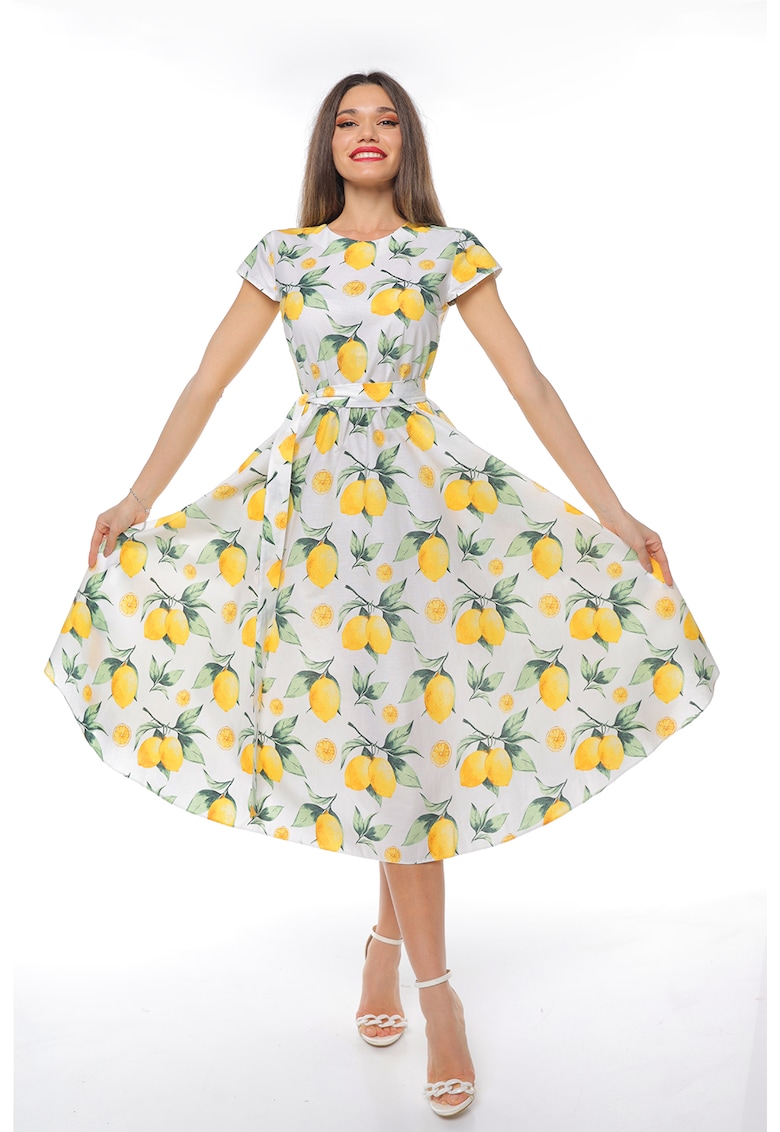 Разкроена рокля с къси ръкави - Бял/Зелен/Жълт CAMISSI