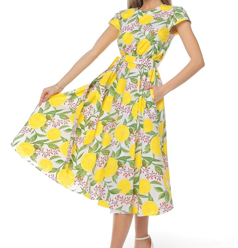 Разкроена рокля с къси ръкави - Зелен/Бял CAMISSI