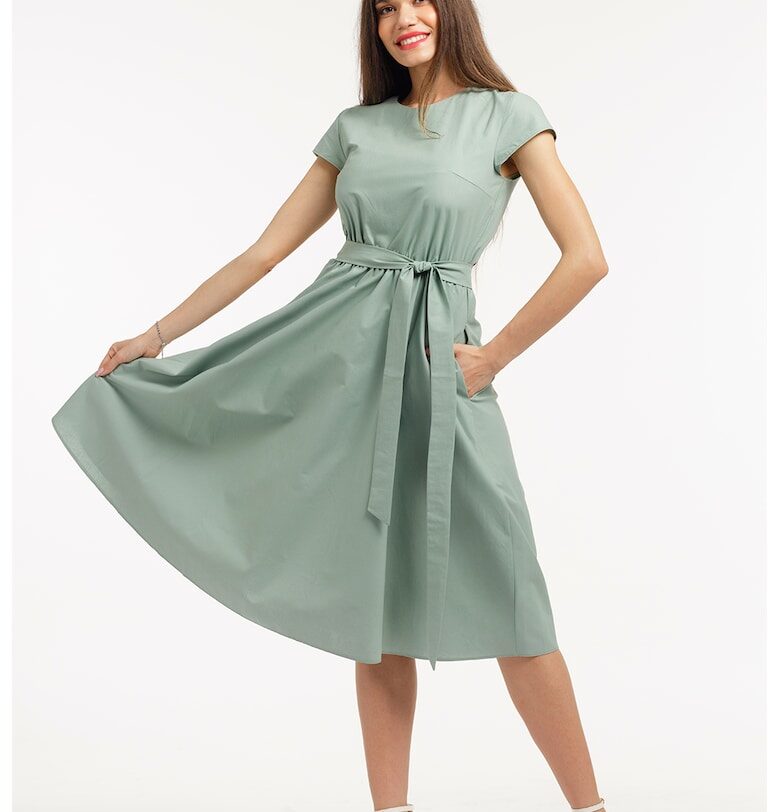 Разкроена рокля с къси ръкави - Зелени аспержи CAMISSI