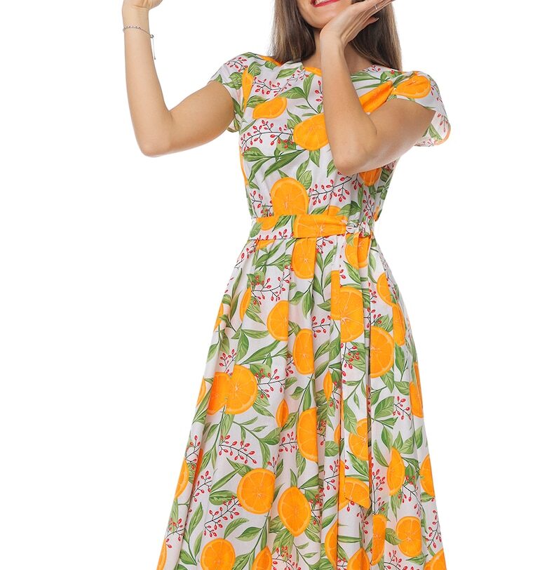 Разкроена рокля с къси ръкави - Оранжев/Бледозелен CAMISSI