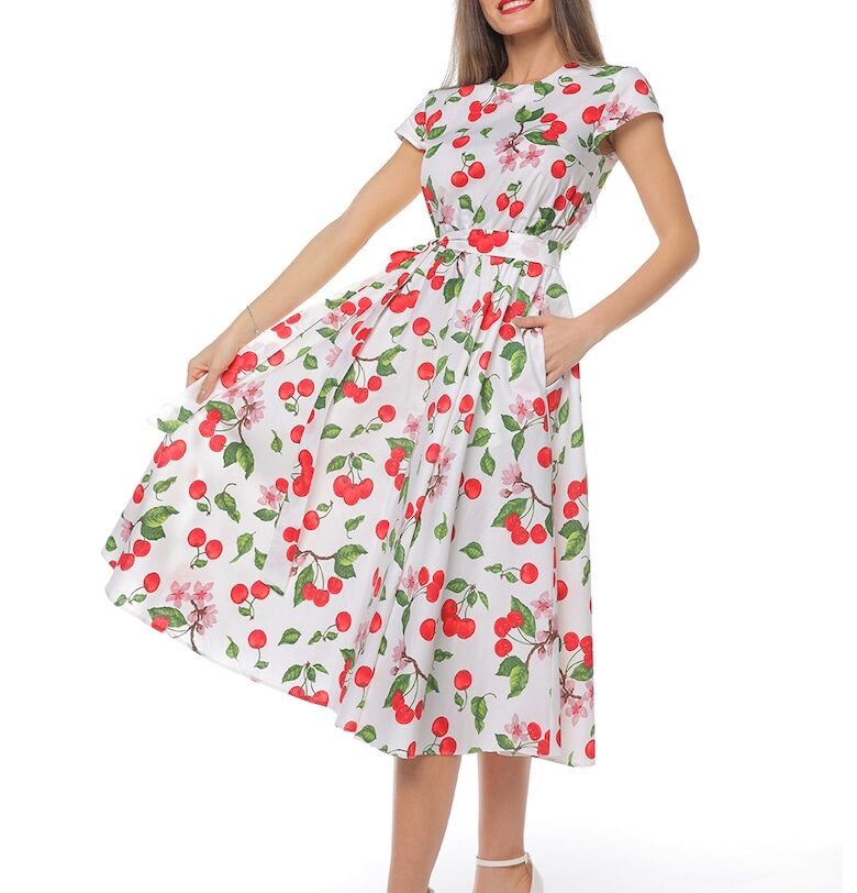 Разкроена рокля с къси ръкави - Червен/Бял/Зелен CAMISSI