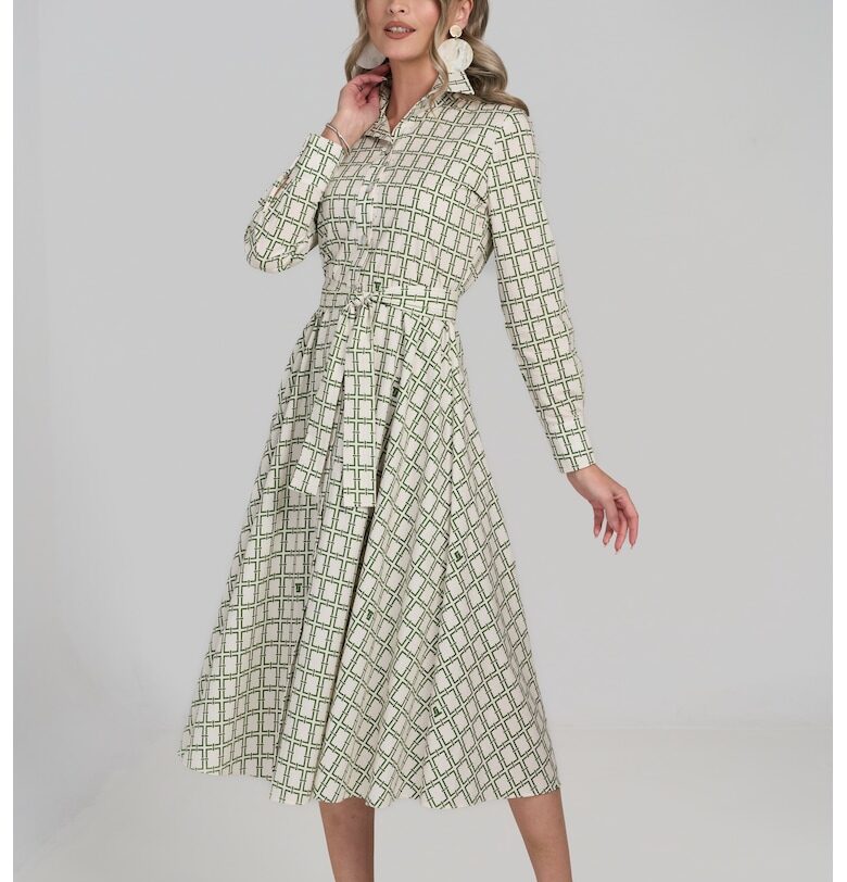 Разкроена рокля с лен - Слонова кост/Папратово зелено Couture de Marie