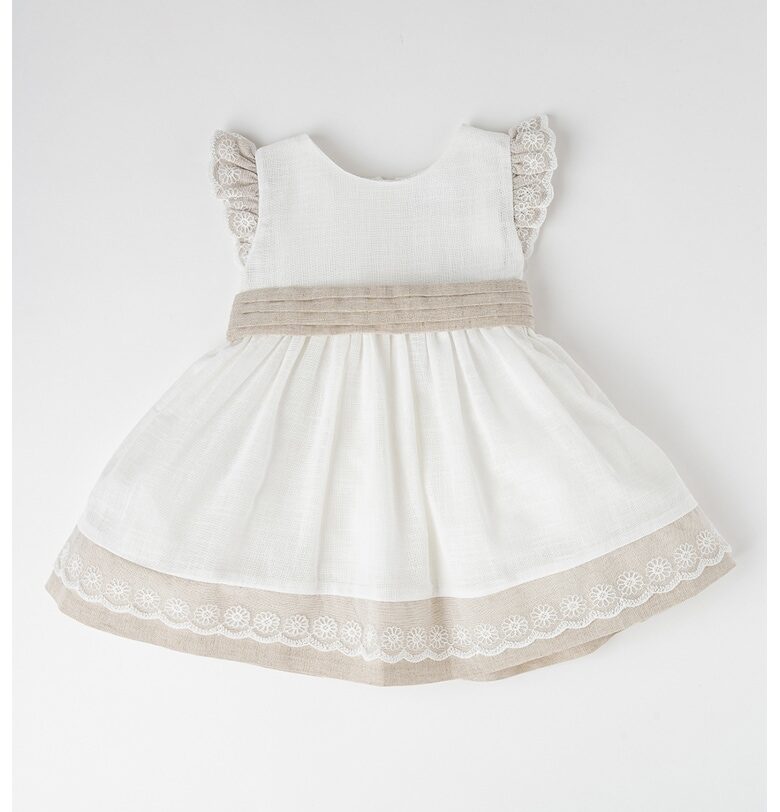 Разкроена рокля с лен и панделка - Бял/Сиво-кафяв Mayoral