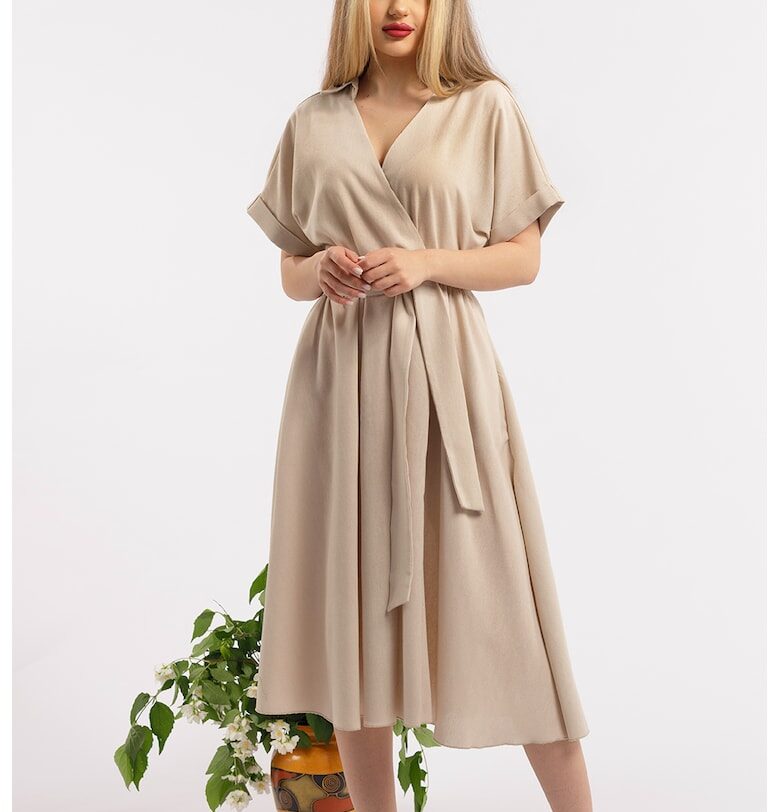 Разкроена рокля с лен и шпиц - Бежов CAMISSI