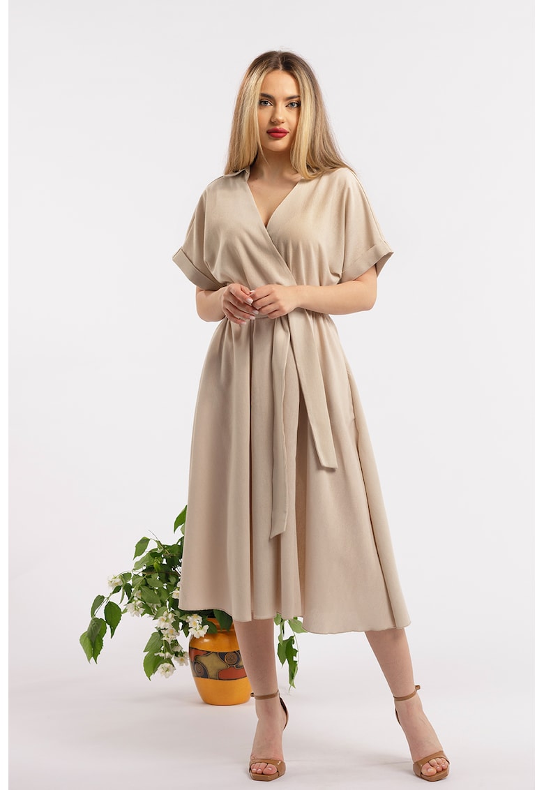 Разкроена рокля с лен и шпиц - Бежов CAMISSI