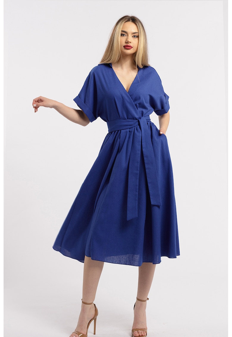 Разкроена рокля с лен и шпиц - Кралско Синьо CAMISSI