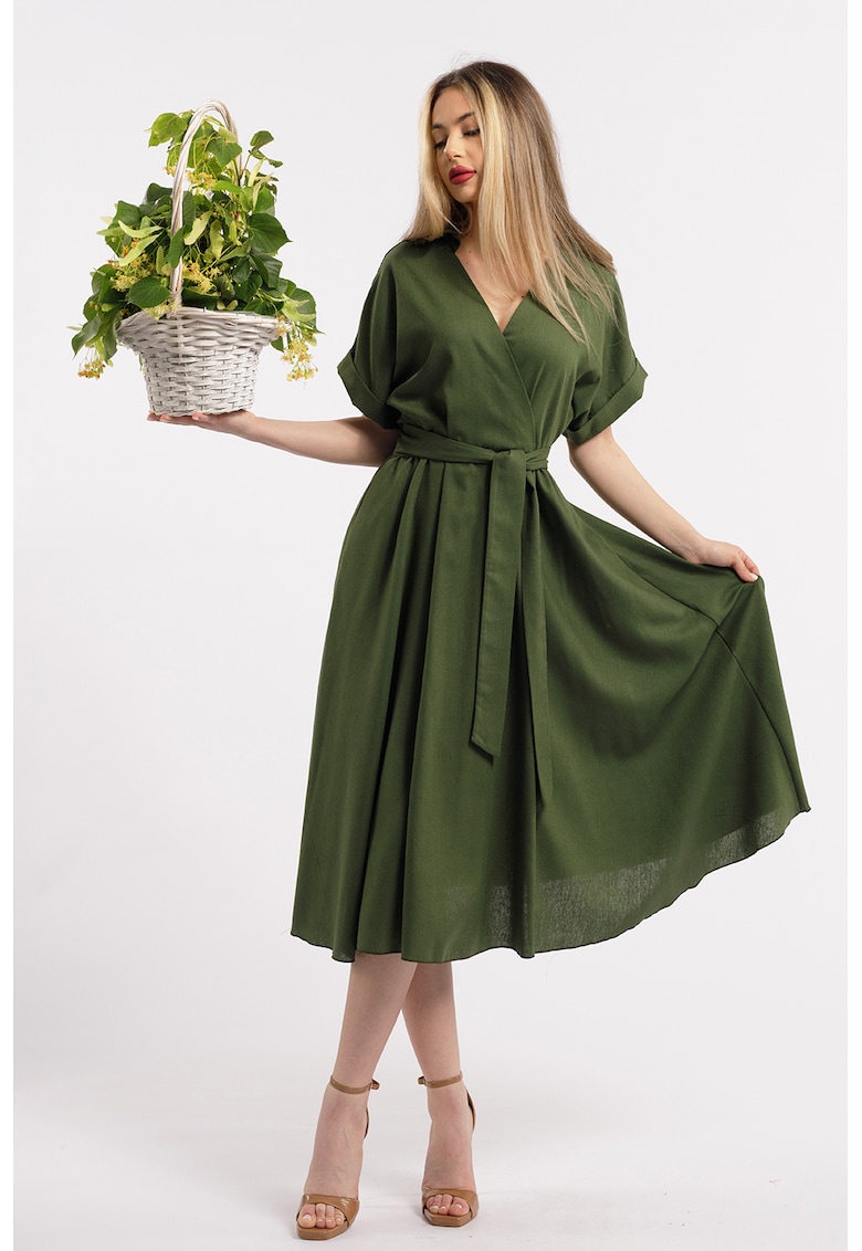 Разкроена рокля с лен и шпиц - Тъмно каки CAMISSI