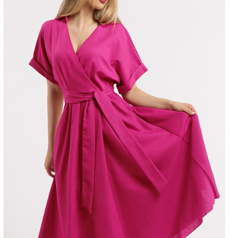 Разкроена рокля с лен и шпиц - Фуксия CAMISSI