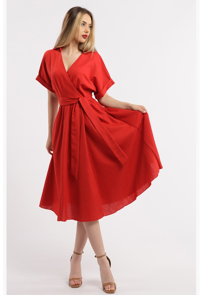 Разкроена рокля с лен и шпиц - Червен CAMISSI