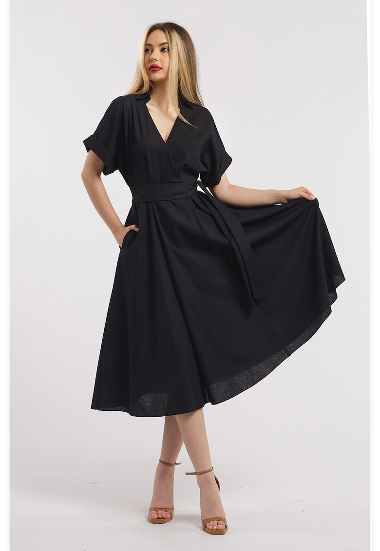 Разкроена рокля с лен и шпиц - Черен CAMISSI