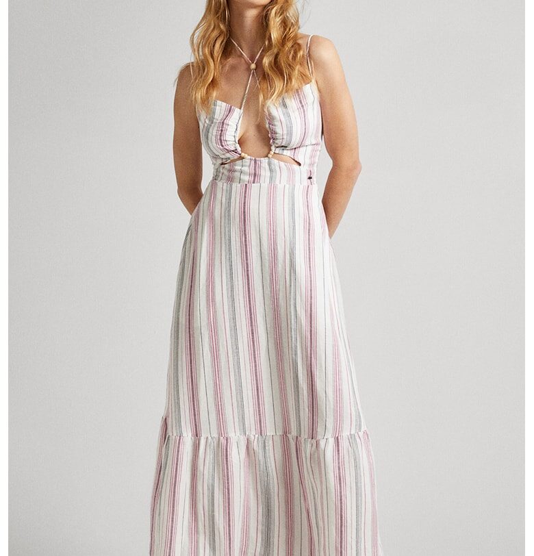 Разкроена рокля с лен на райе - Бял/Розово/Антрацитно сиво Pepe Jeans London