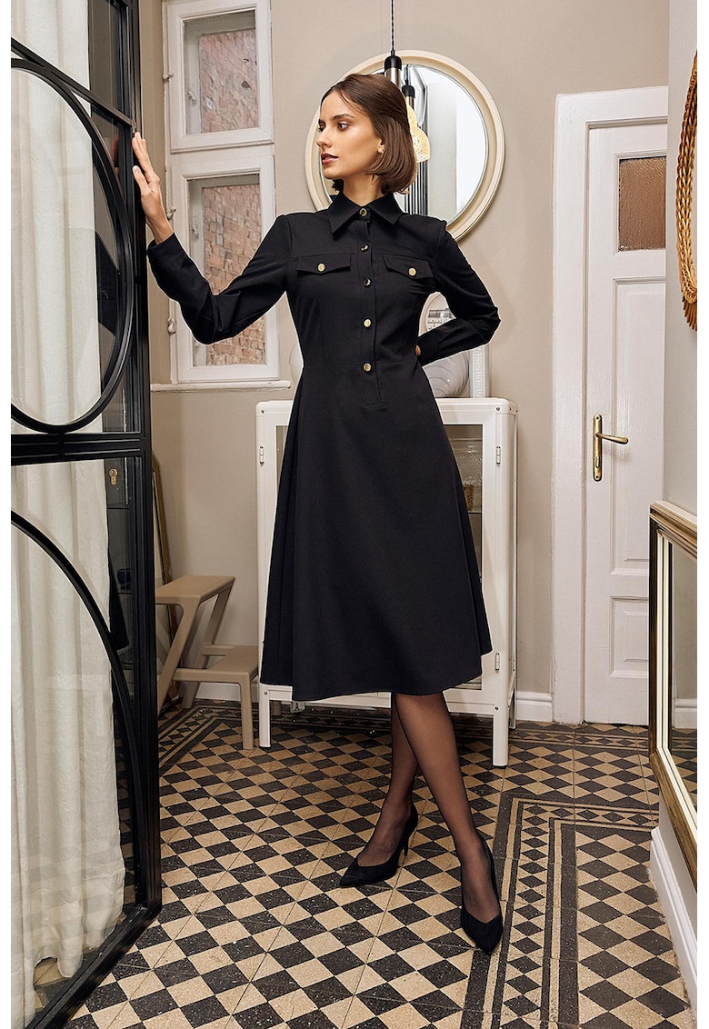 Разкроена рокля с остра яка - Черен Noria Anis