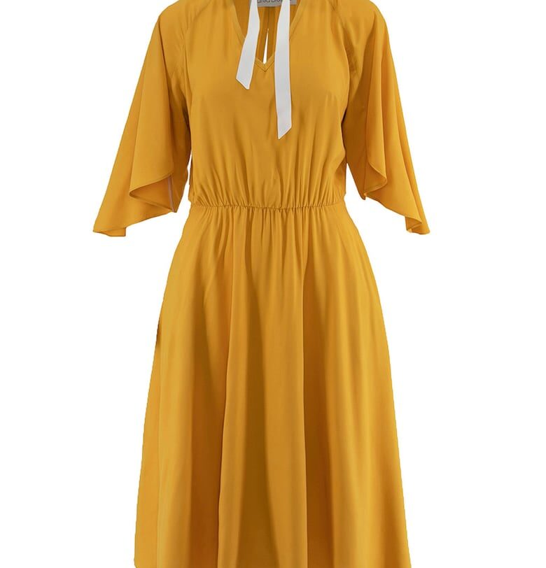 Разкроена рокля с панделка - Синапено жълто Larisa Dragna