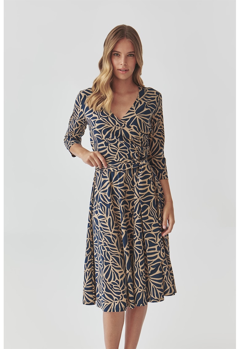 Разкроена рокля с принт - Тъмносин/Камел Tatuum