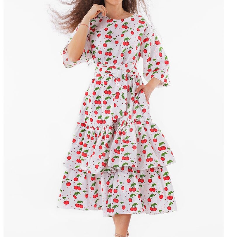 Разкроена рокля с принт - Червен/Бял/Зелен CAMISSI