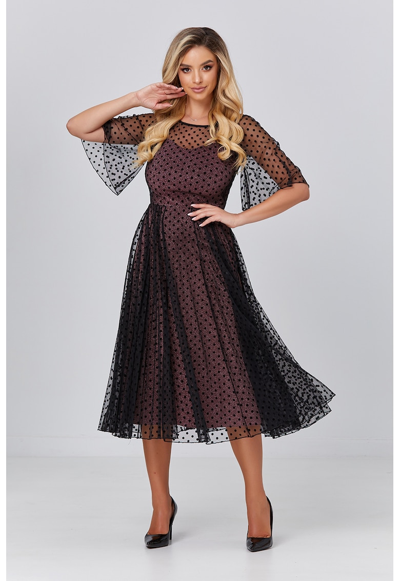 Разкроена рокля с прозрачни ръкави - Черен/Розово BAROCCA