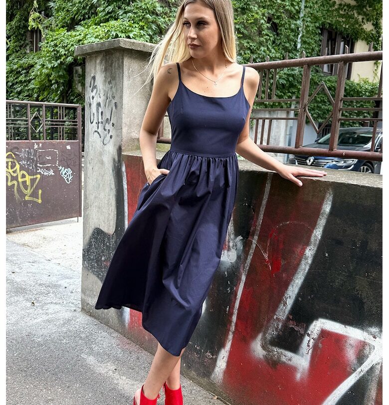 Разкроена рокля с тънки презрамки - Тъмносин Couture de Marie