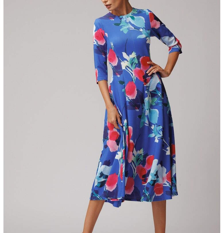 Разкроена рокля с флорален десен - Червен/Кралско Синьо concept A trois