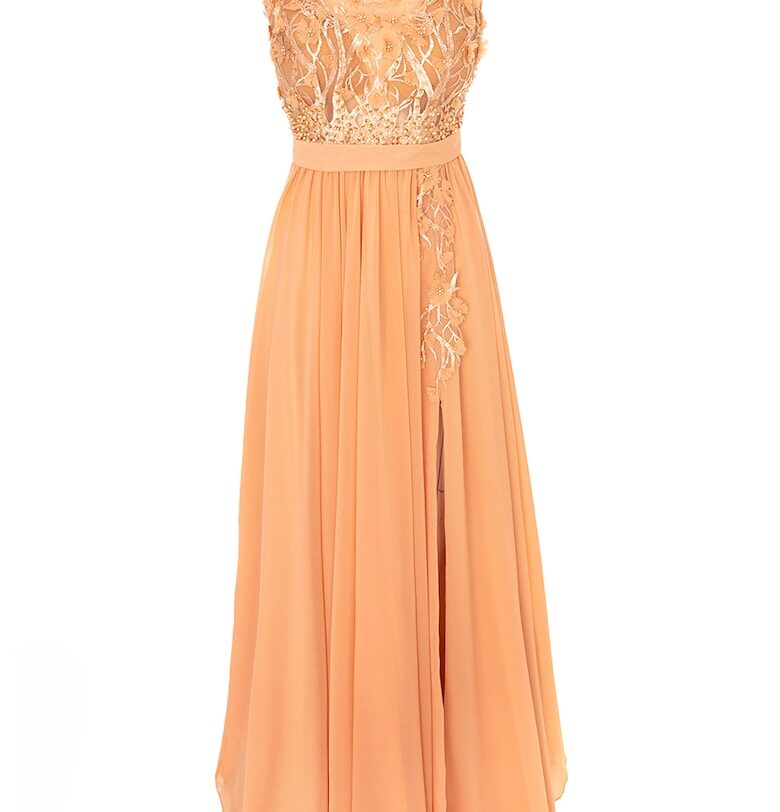 Разкроена рокля с флорални апликации - Бледооранжев Acob a porter