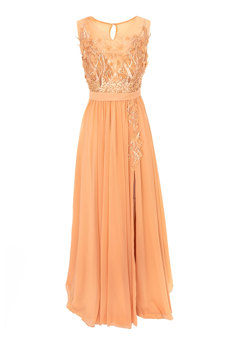 Разкроена рокля с флорални апликации - Бледооранжев Acob a porter