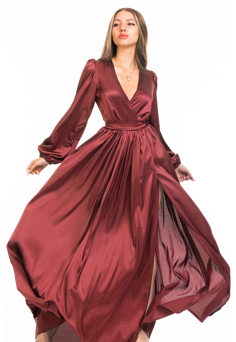 Разкроена рокля със застъпено деколте и шлиц - Бордо CAMISSI