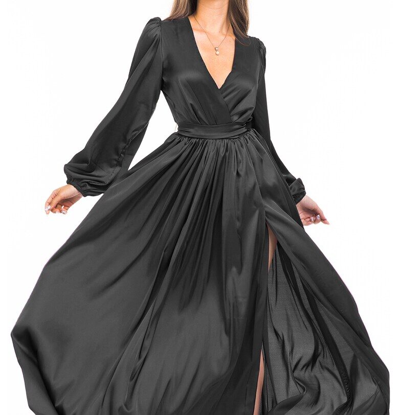 Разкроена рокля със застъпено деколте и шлиц - Избеляло черно CAMISSI