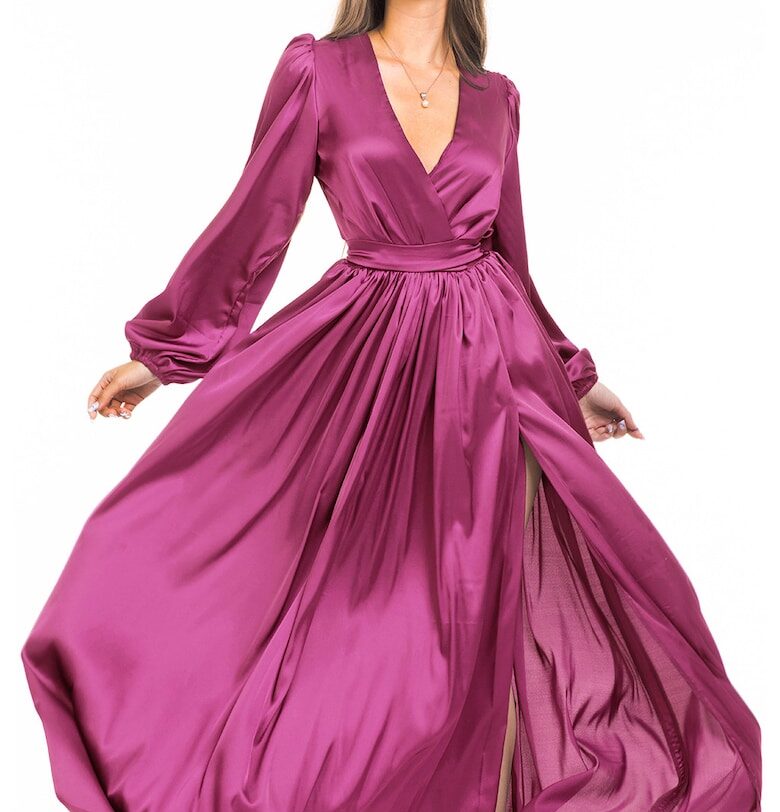 Разкроена рокля със застъпено деколте и шлиц - Малина CAMISSI