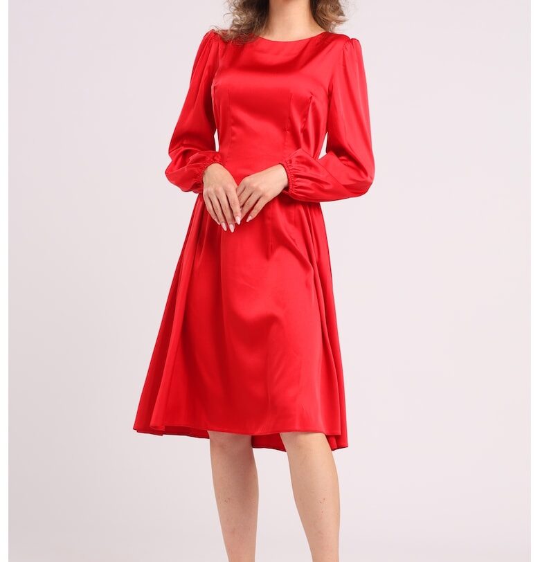 Разкроена сатинирана миди рокля - Аленочервен CAMISSI