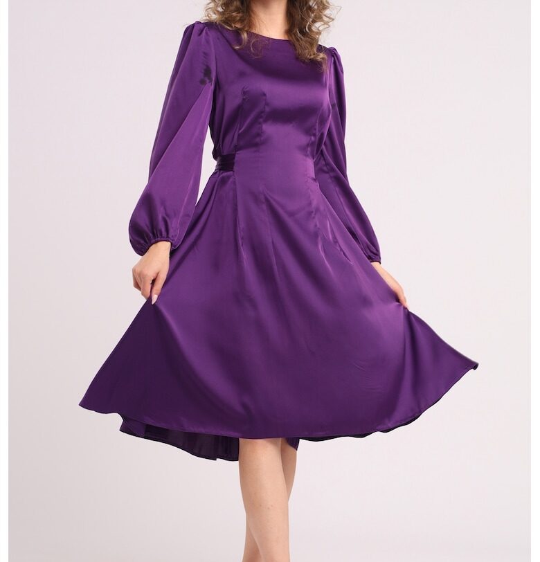 Разкроена сатинирана миди рокля - Виолетов CAMISSI