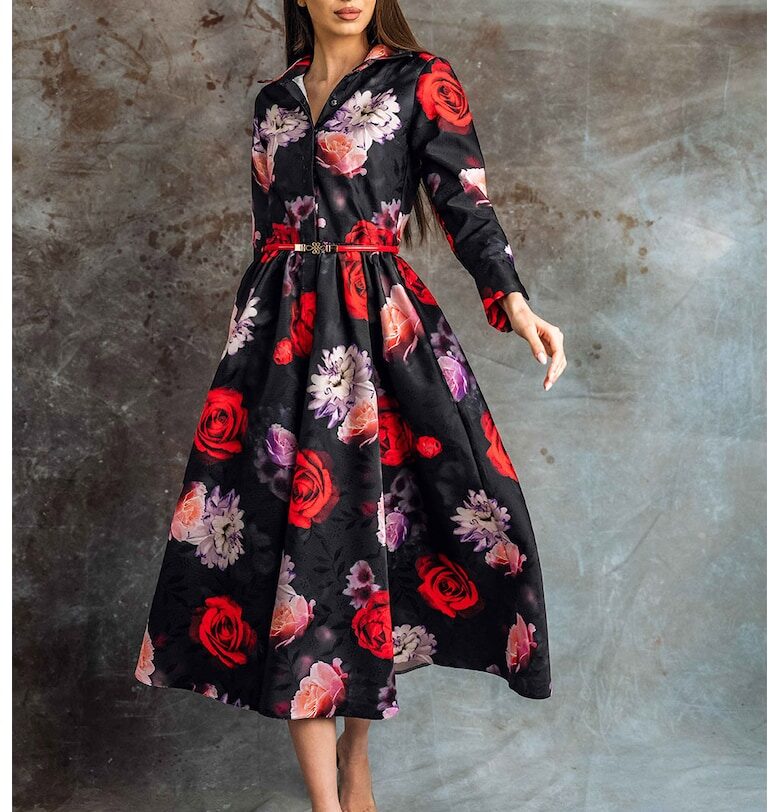 Разкроена флорална рокля Zadie - Червен/Черен MIAU by Clara Rotescu