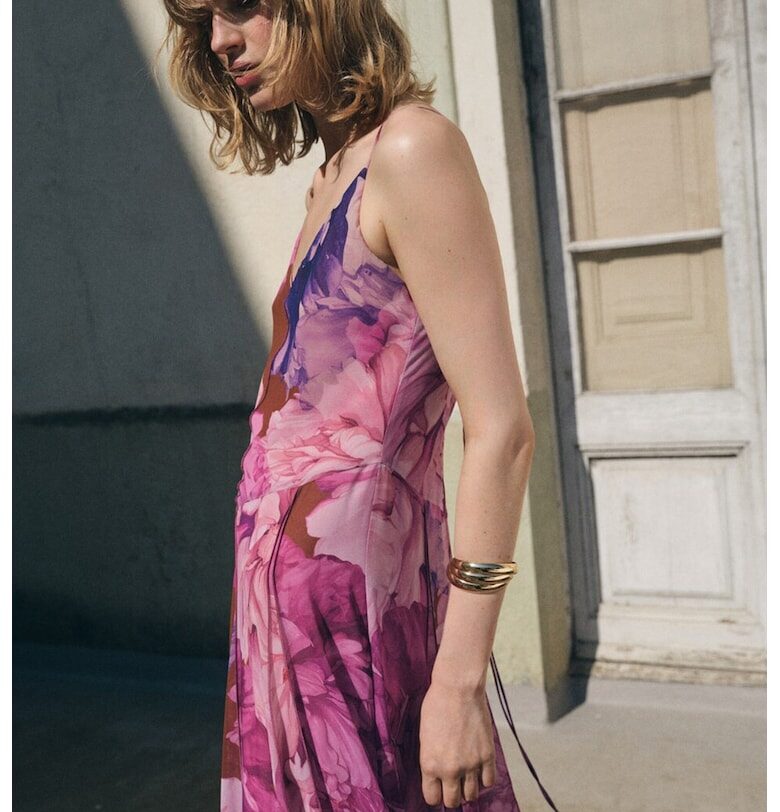 Разкроена флорална рокля - Виолетов/Розово Mango