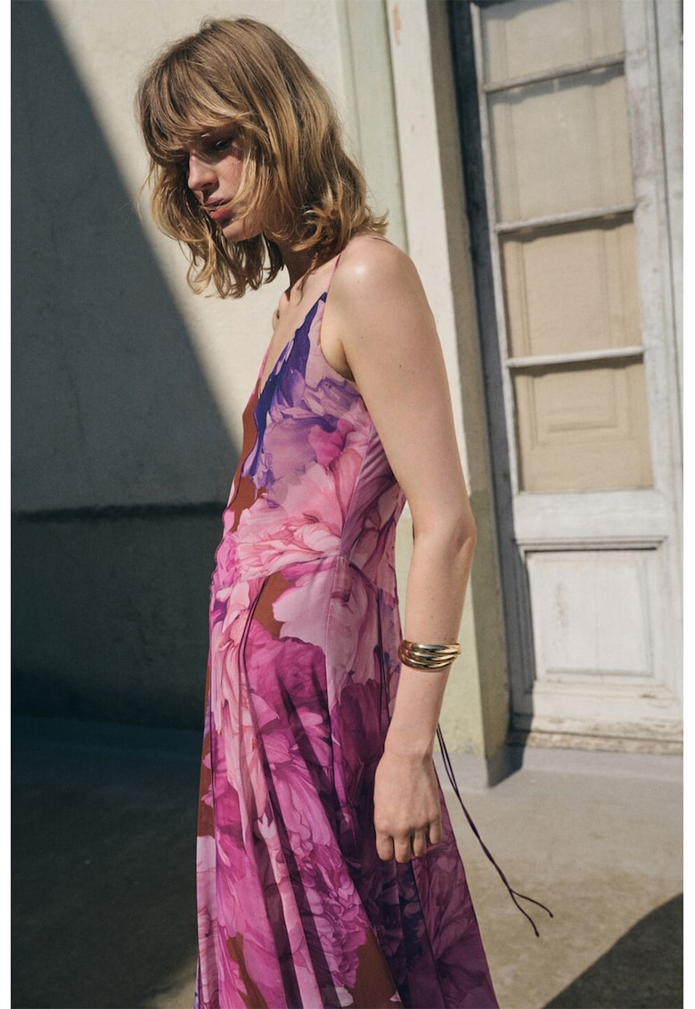 Разкроена флорална рокля - Виолетов/Розово Mango