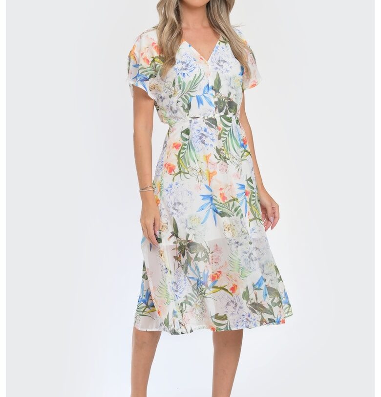 Разкроена флорална рокля - Зелен/Слонова кост GIORGAL