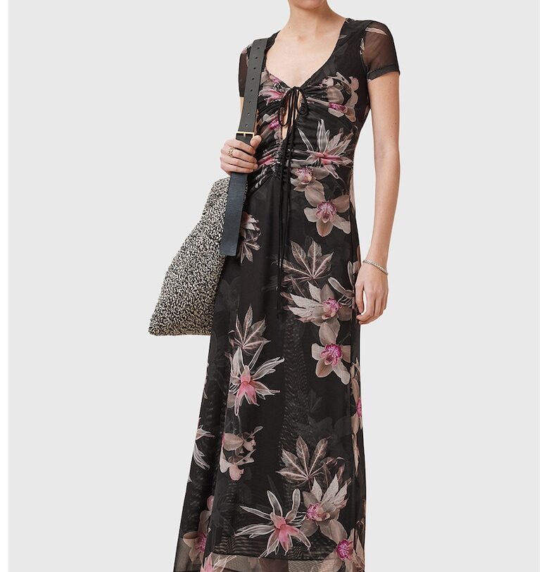 Разкроена флорална рокля - Черен/Сиво-кафяв AllSaints