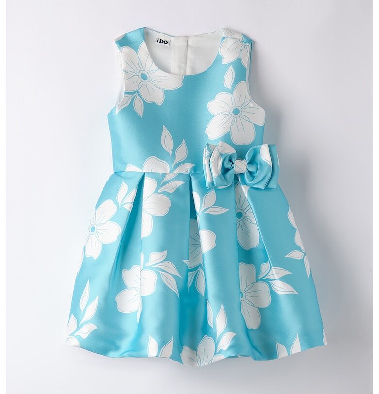 Разкроена флорална рокля с панделка - Тюркоаз/Бял IDO
