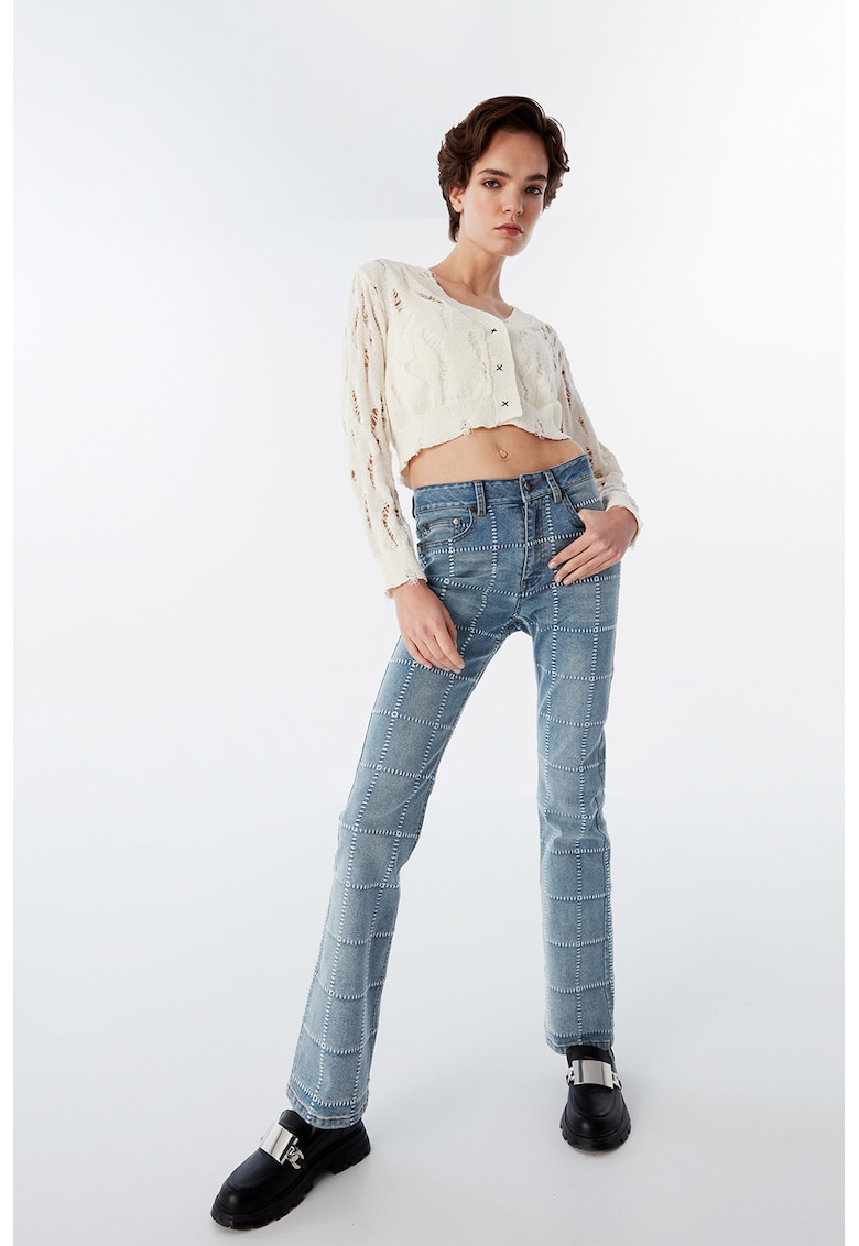 Разкроени дънки до глезена с декоративни шевове - Син меланж TWIST