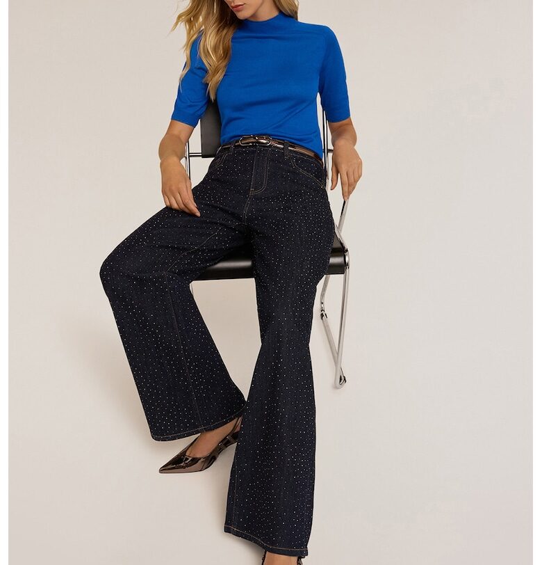 Разкроени дънки с декоративни камъни - Ултрамарин синьо/Сребрист Motivi