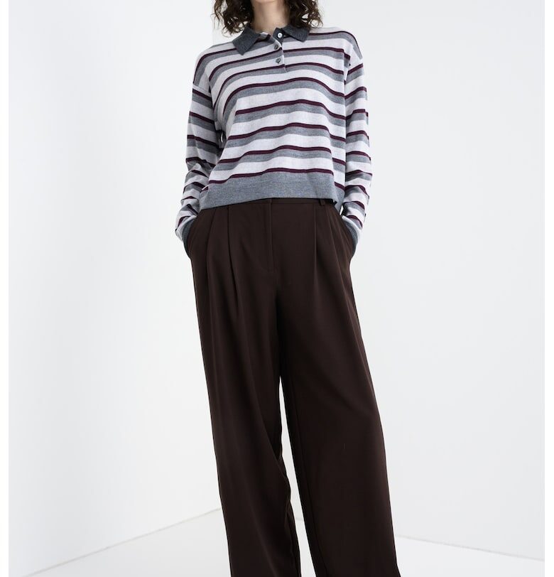 Раиран вълнен пуловер с копчета - Светло сив/Tъмносив/Тъмновиолетов Stefanel