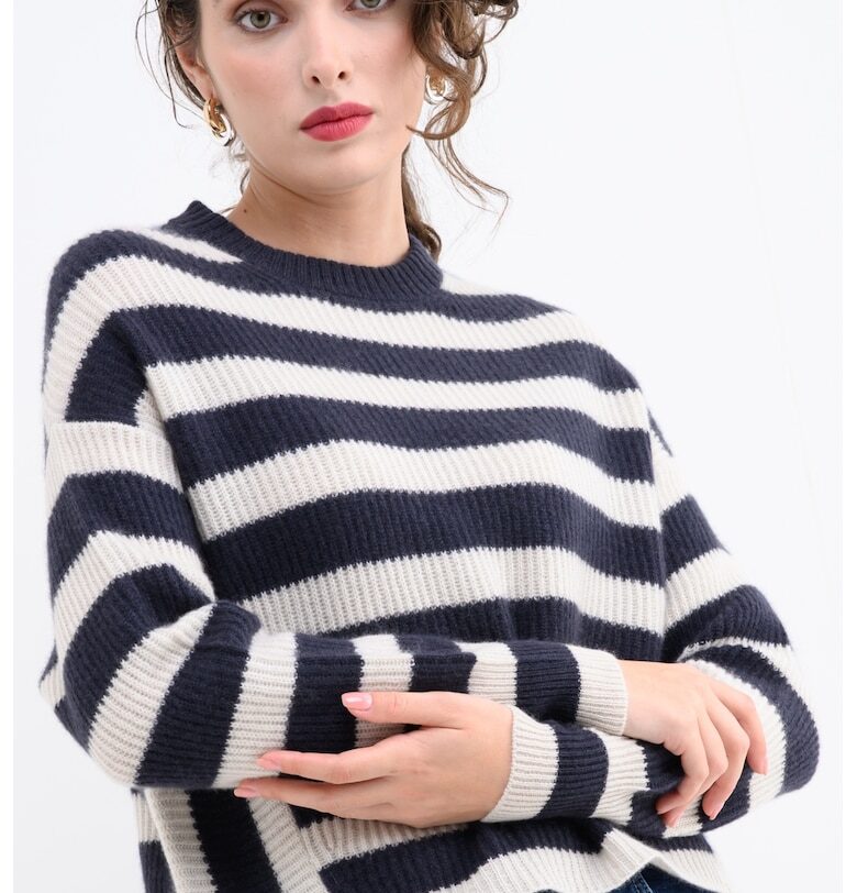 Раиран кашмирен пуловер - Бял/Тъмносин MaxCo