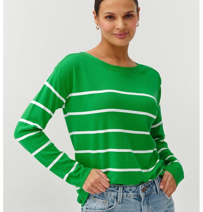 Раиран пуловер с деколте тип лодка - Бял/Зелен Tatuum