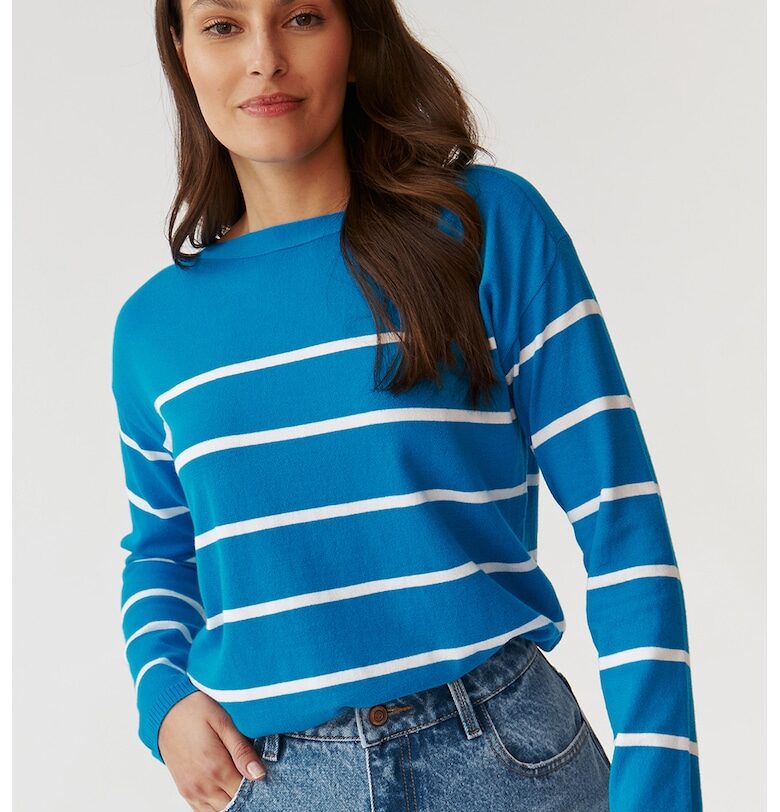 Раиран пуловер с деколте тип лодка - Бял/Син Tatuum